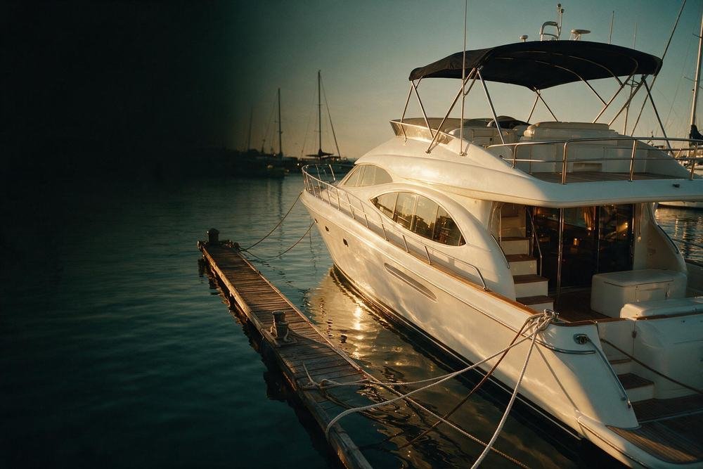 Yate amarrado al muelle de una marina al atardecer