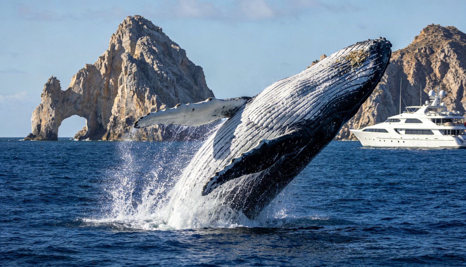 Whale watching in Los Cabos: humpback whale breaching in front of El Arco