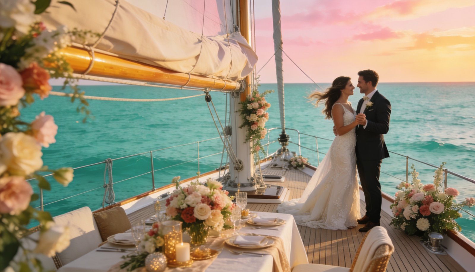 Boda en yate: pareja celebrando su boda en cubierta al atardecer