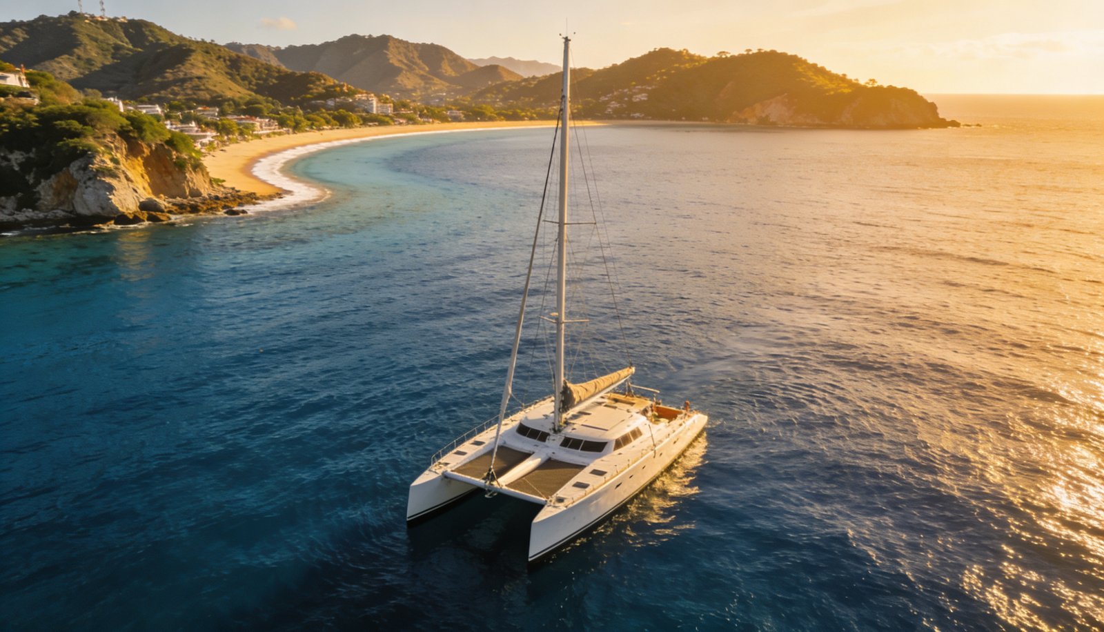 Catamarán Acapulco navegando en la bahía al atardecer