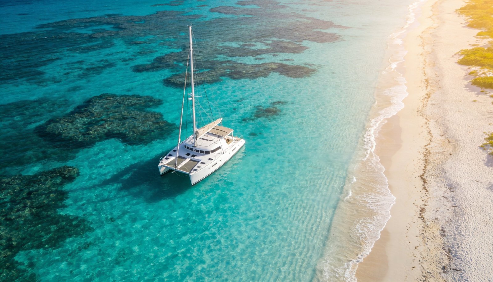 Catamaran Cozumel sailing over turquoise Caribbean reefs