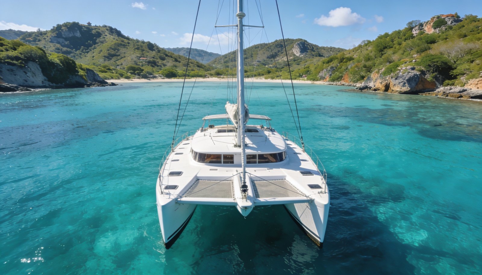 Catamarán Huatulco navegando en una bahía turquesa