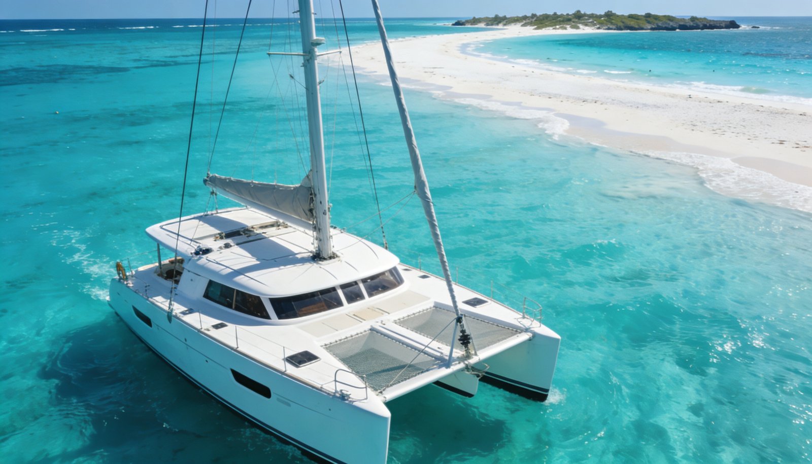 Catamarán Isla Mujeres navegando frente a Playa Norte en el Caribe