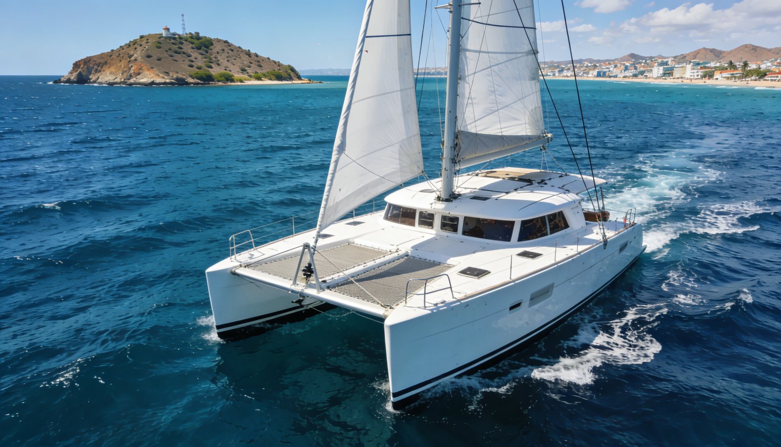 Catamarán Mazatlán navegando frente a Isla de Venados