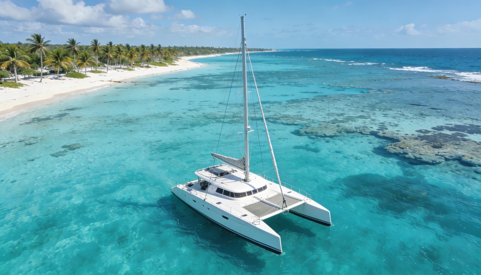 Catamaran Playa del Carmen sailing in the turquoise Caribbean