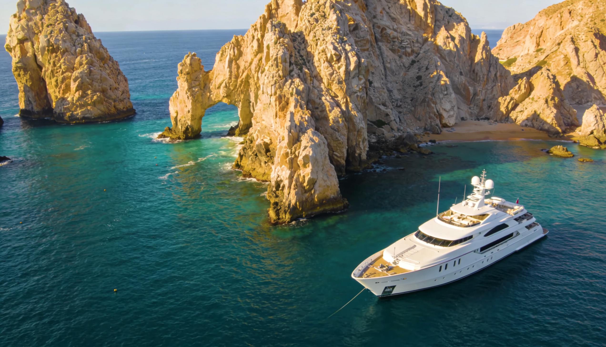 Cuánto cuesta rentar un yate en Los Cabos: yate junto a El Arco