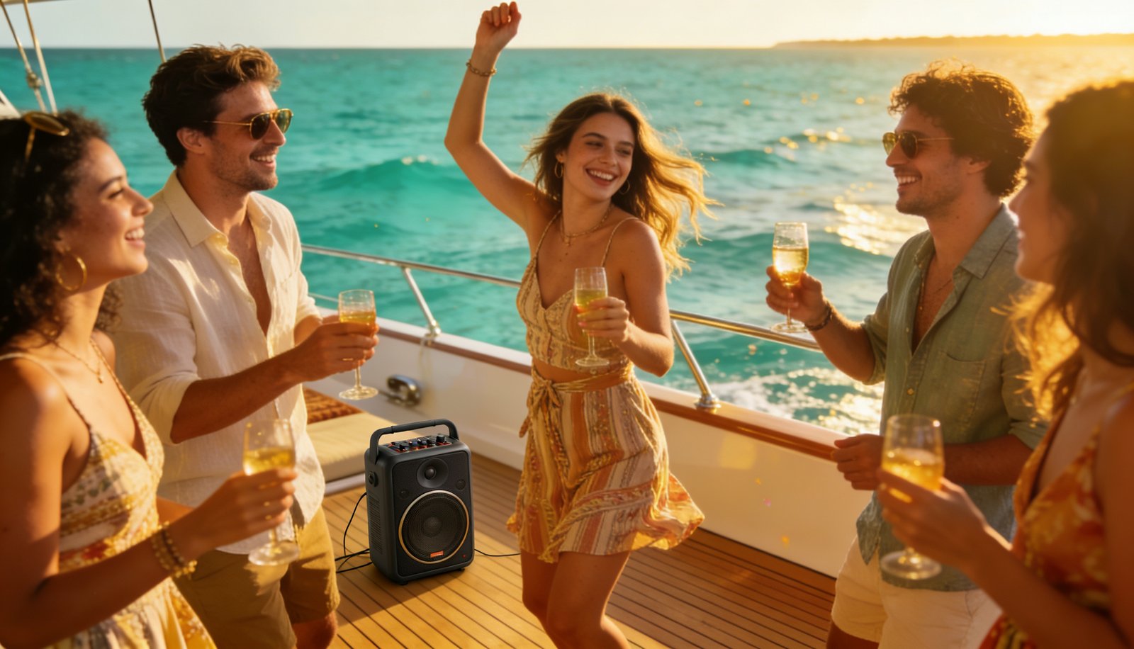 Party on a yacht: group of friends celebrating on deck at sunset