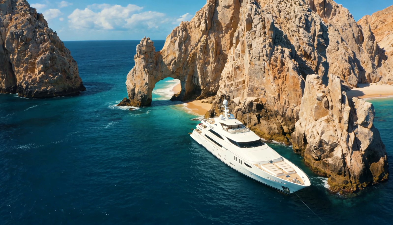 Things to do in Los Cabos: private yacht next to El Arco de Cabo San Lucas
