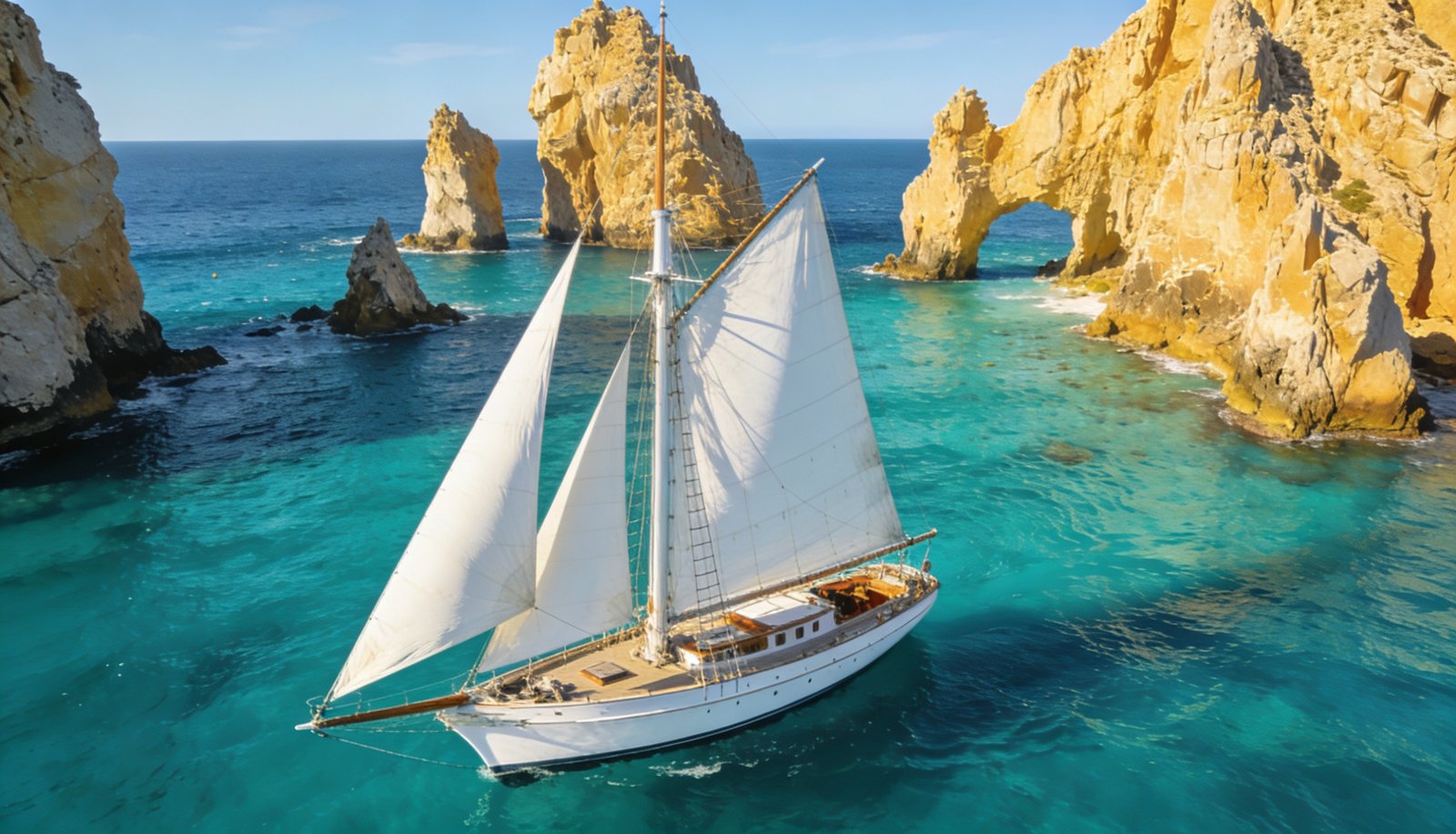 Los Cabos Sailboat sailing alongside El Arco de Cabo San Lucas