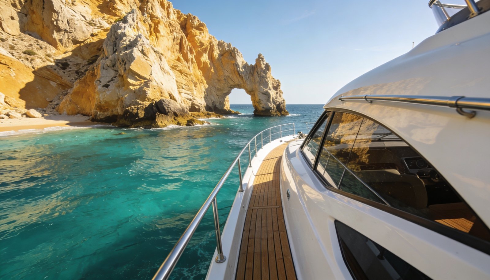 Yacht rental Los Cabos: luxury yacht next to El Arco de Cabo San Lucas