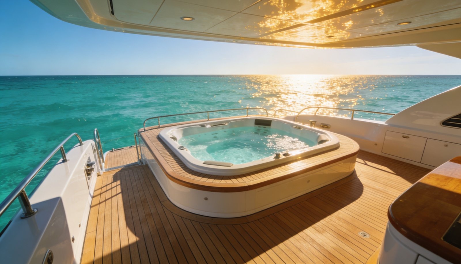 Yate con jacuzzi: cubierta de yate de lujo con jacuzzi frente al mar