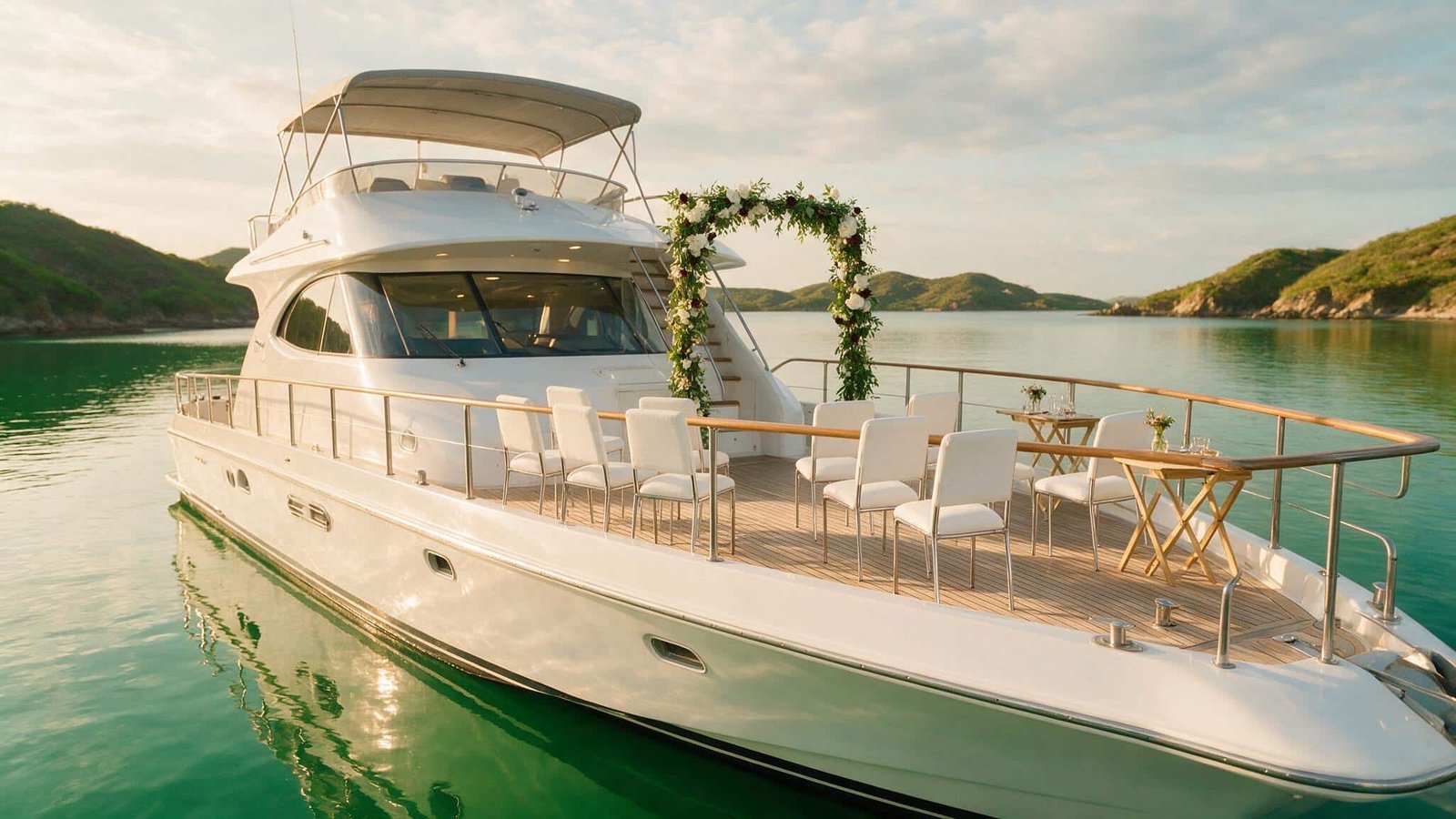 Bodas en Huatulco: yate fondeado en una bahía con la ceremonia montada en cubierta