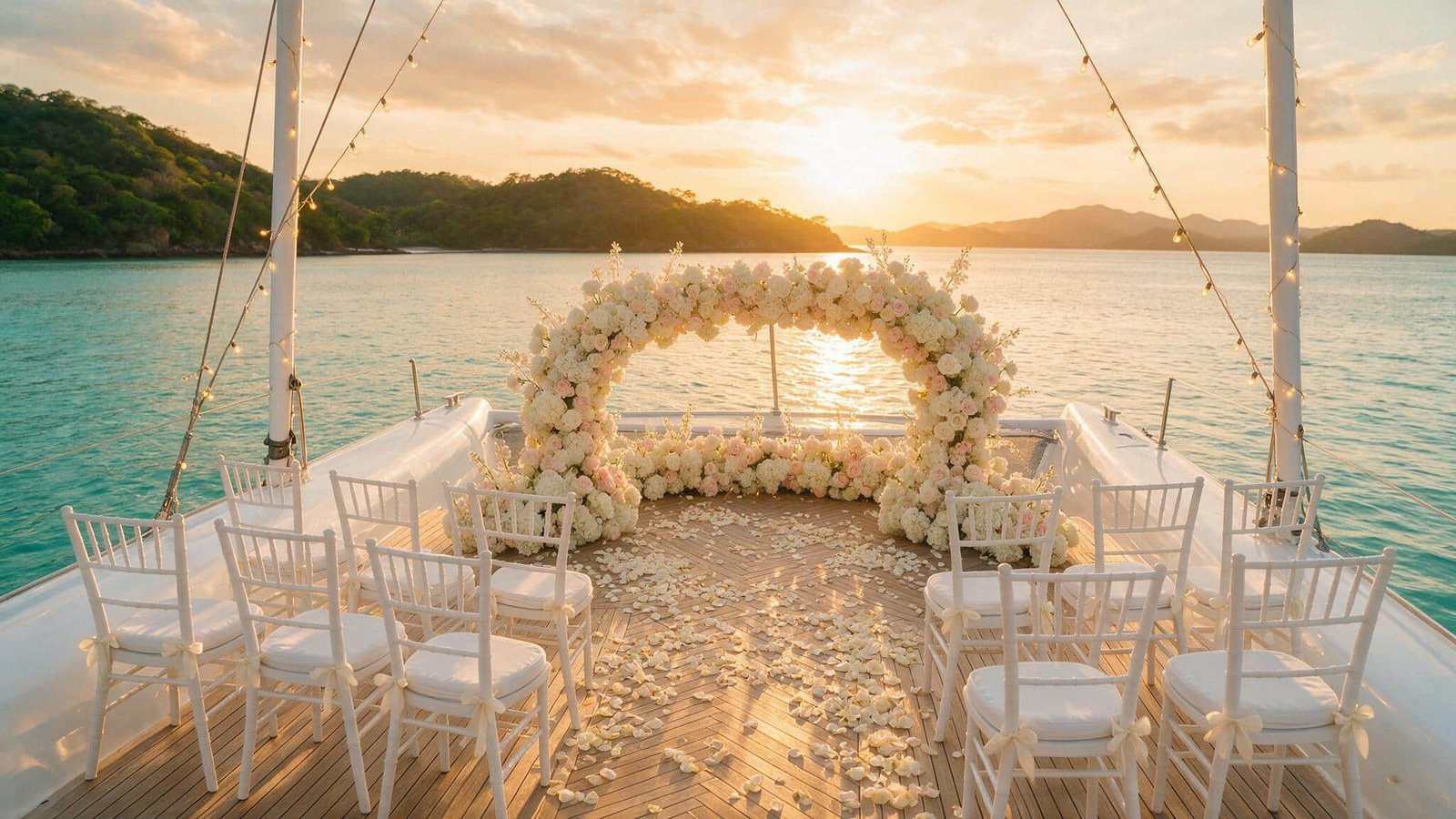 Barcos para bodas: cubierta de catamarán con arco floral al atardecer