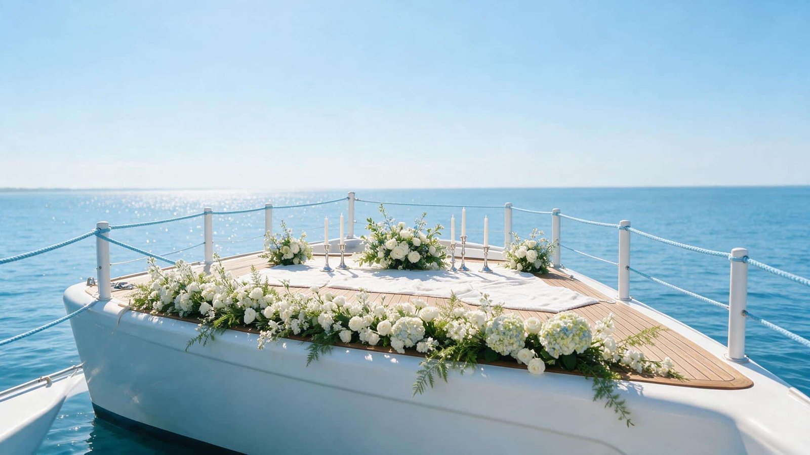 Proa usada como altar en las bodas en catamarán, con camino floral