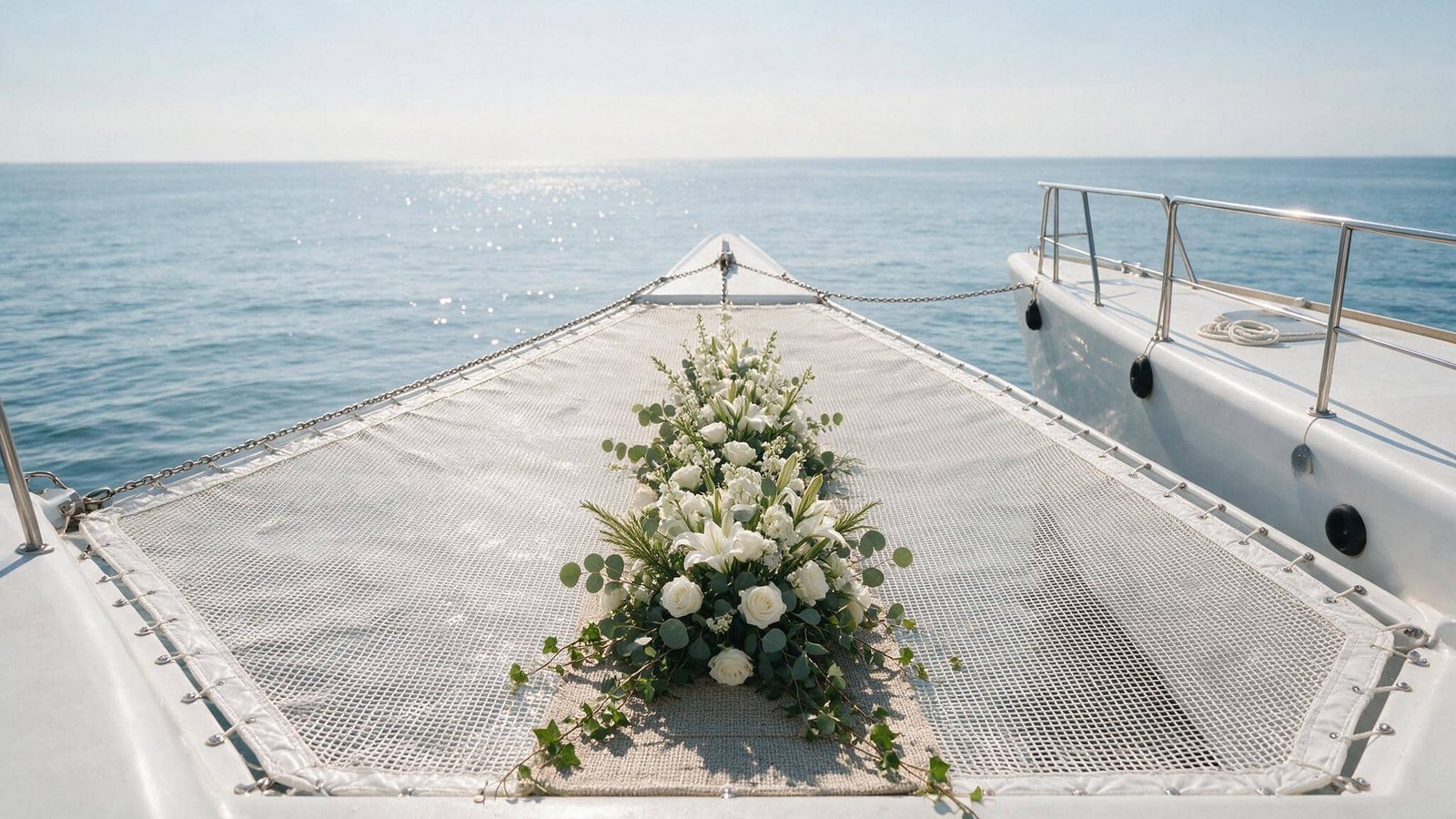 Bodas en catamarán: cubierta amplia y plana lista para la ceremonia