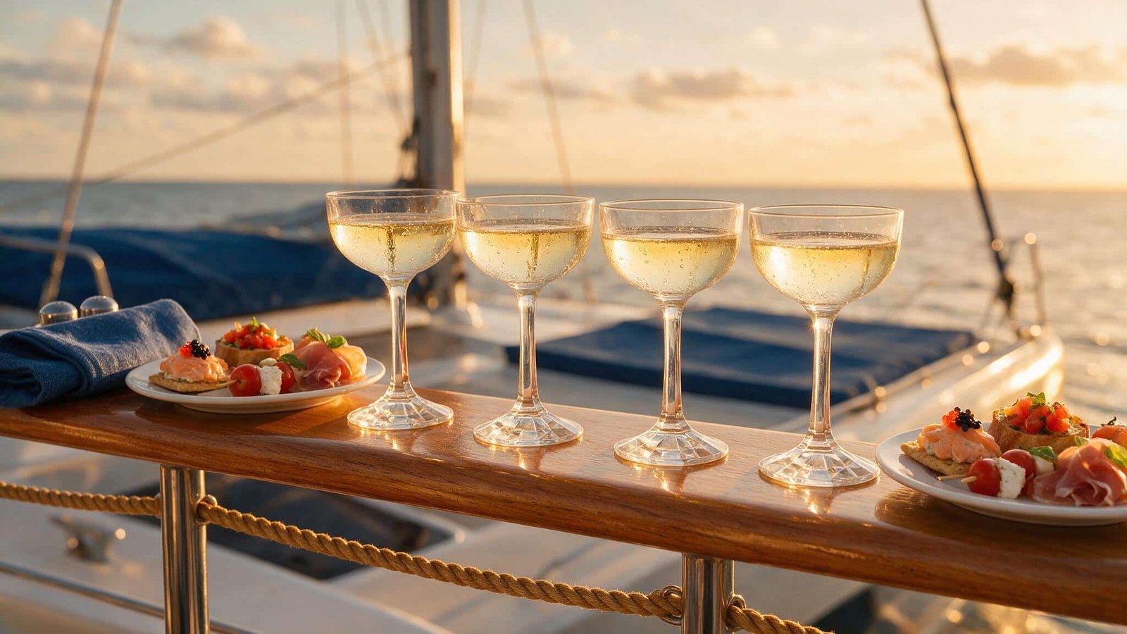 Brindis en la borda durante un evento privado en catamarán al atardecer