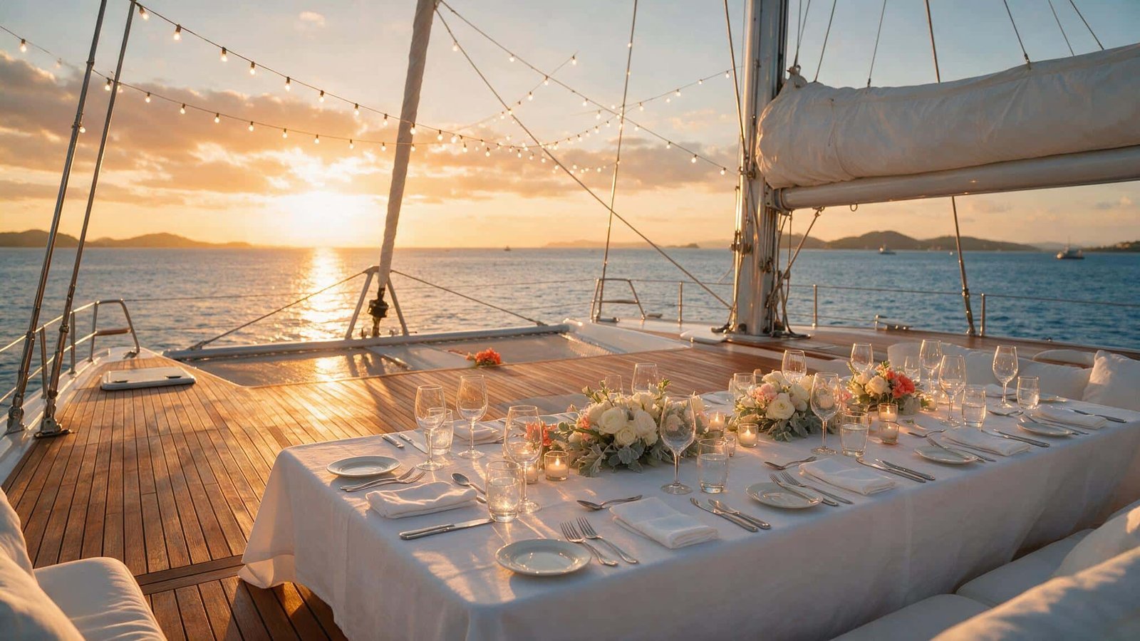 Eventos privados en catamarán: cubierta montada con mesa larga al atardecer