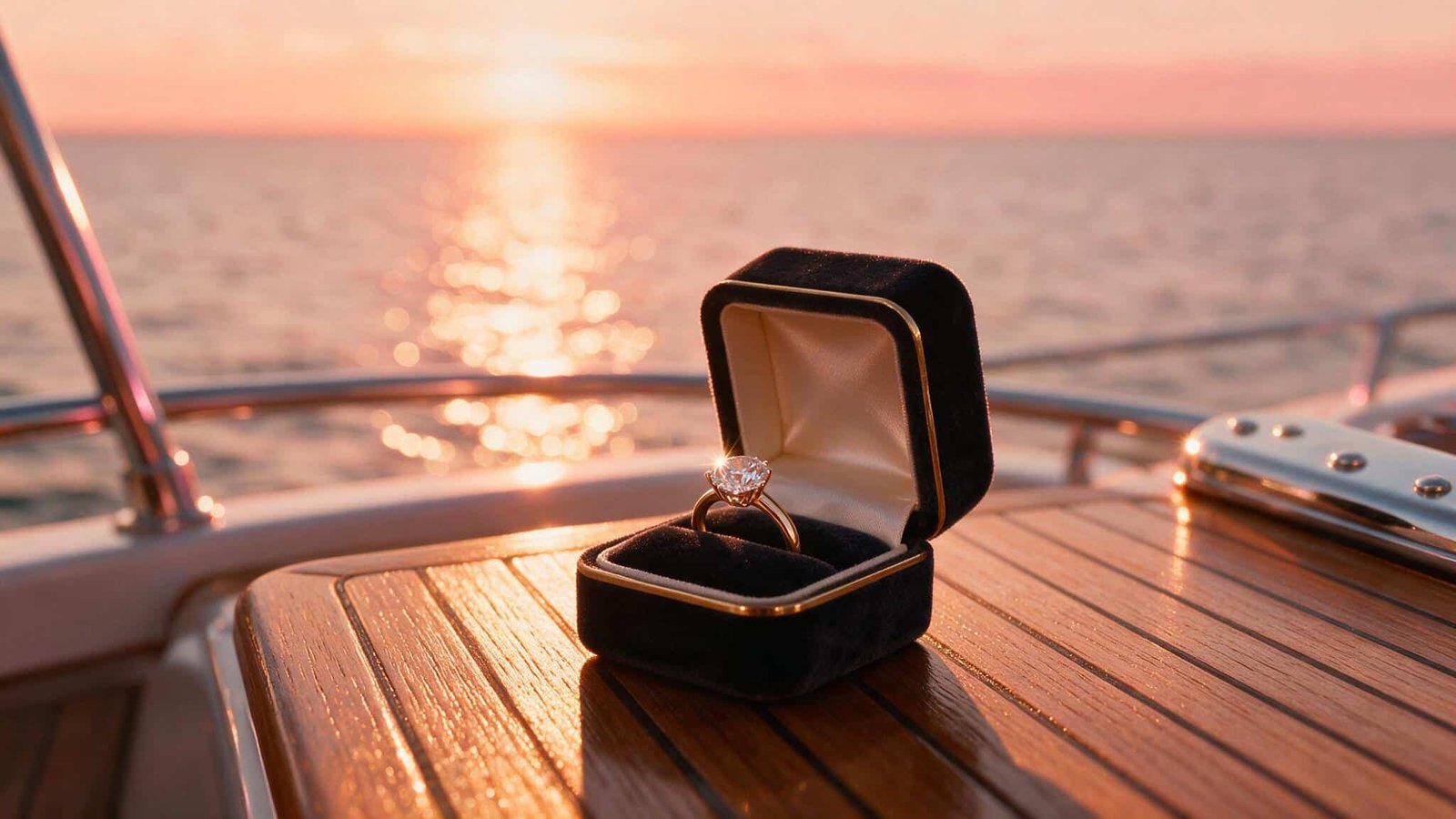 Anillo sobre la cubierta antes de una propuesta de matrimonio en la playa