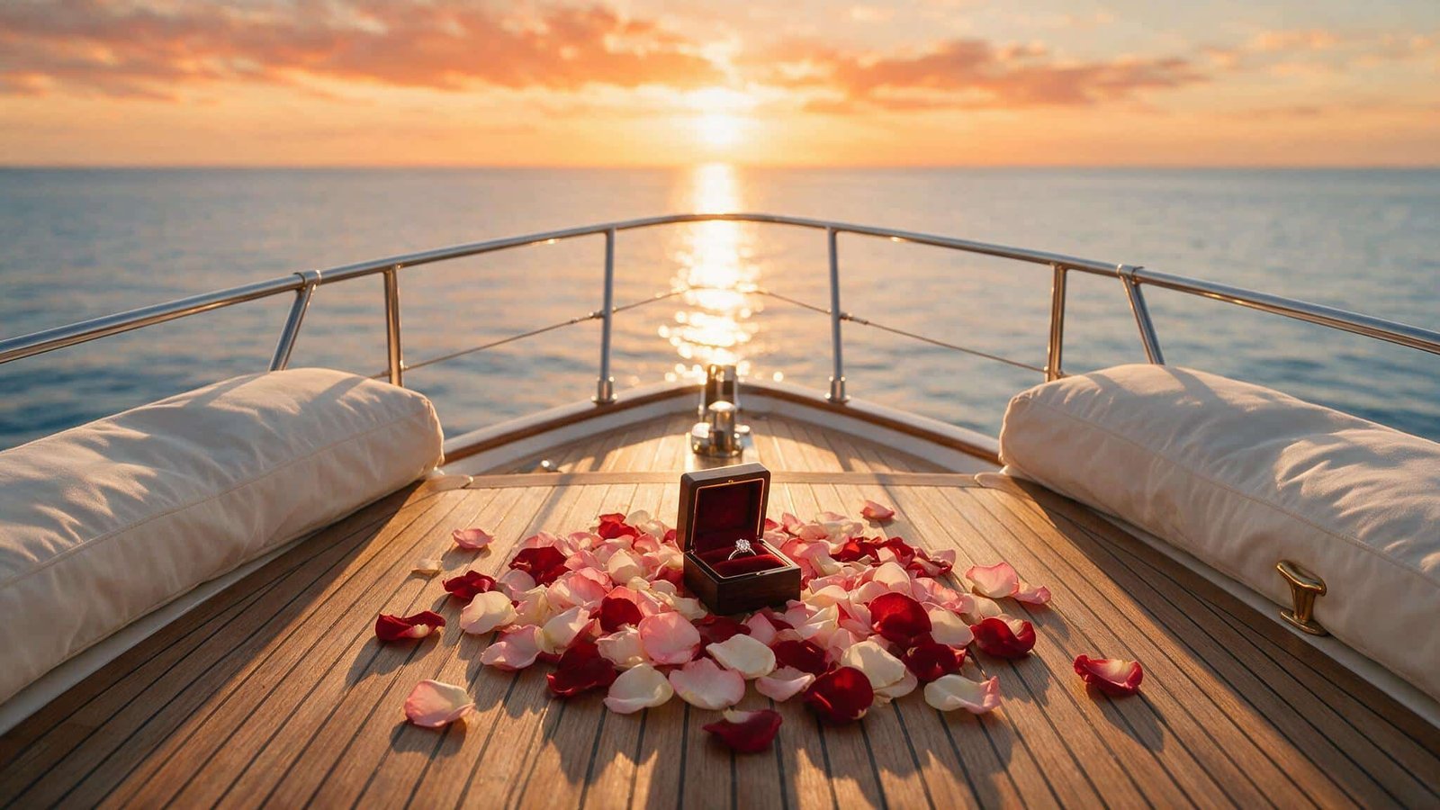 Propuesta de matrimonio en la playa: proa de un yate con pétalos al atardecer
