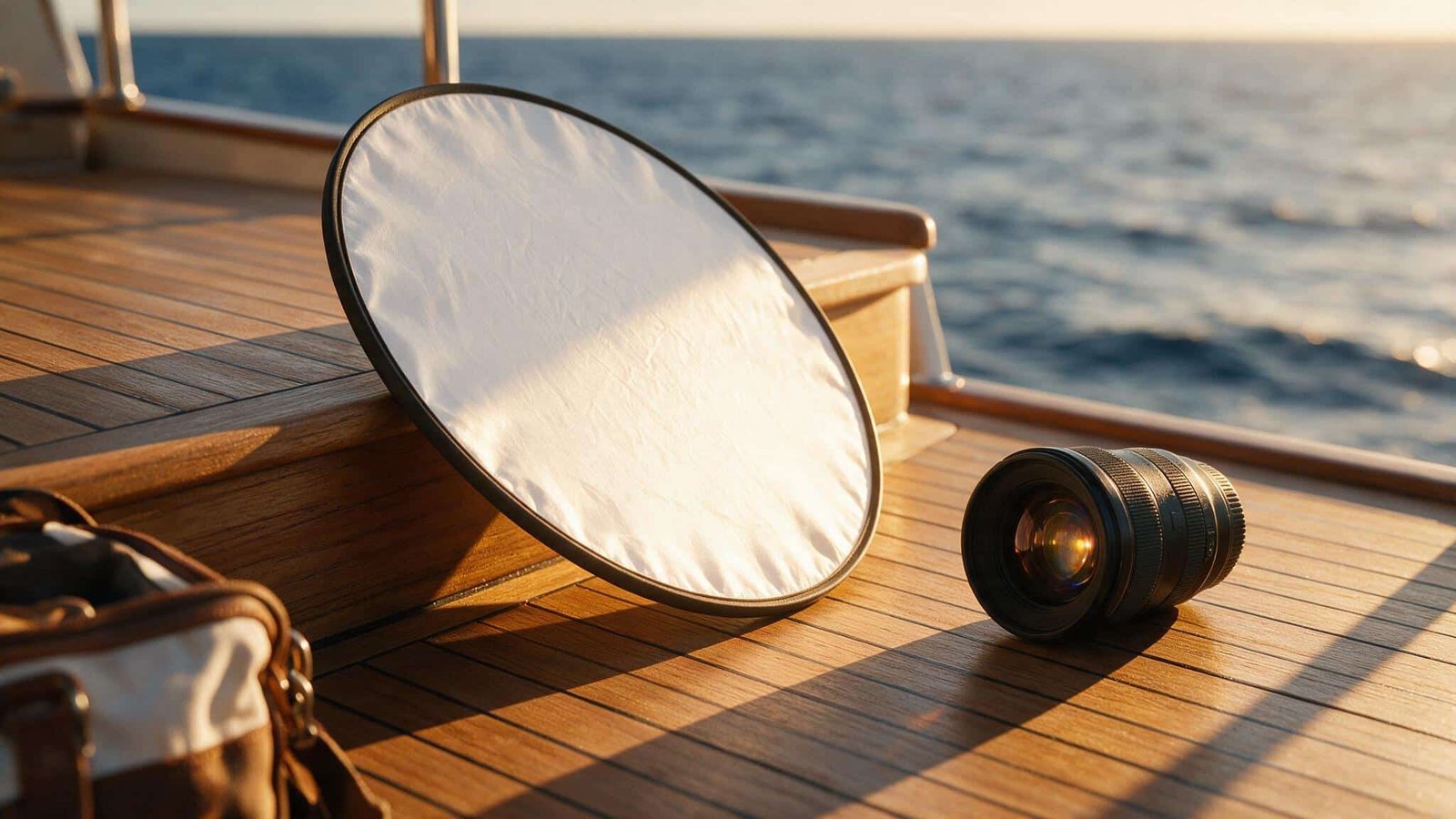 Reflector and lens on deck during a yacht photoshoot