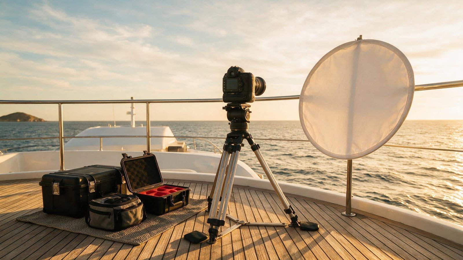 Yacht photoshoot in Mexico: camera equipment set up on deck at golden hour