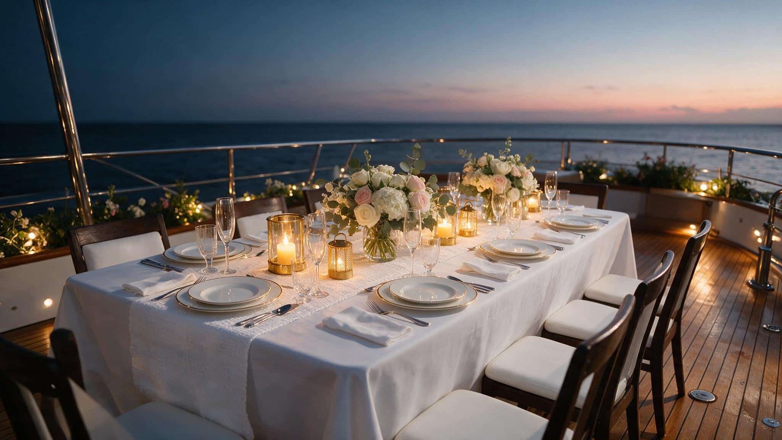 Reception table set on a yacht deck at dusk for a yacht wedding