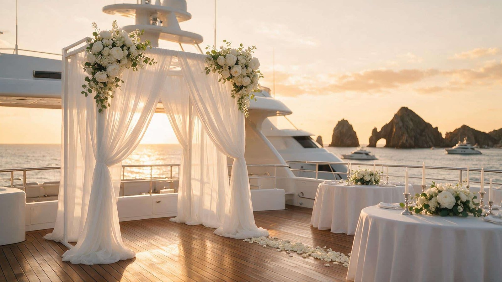 Yacht wedding in Mexico: ceremony set up on deck at golden hour