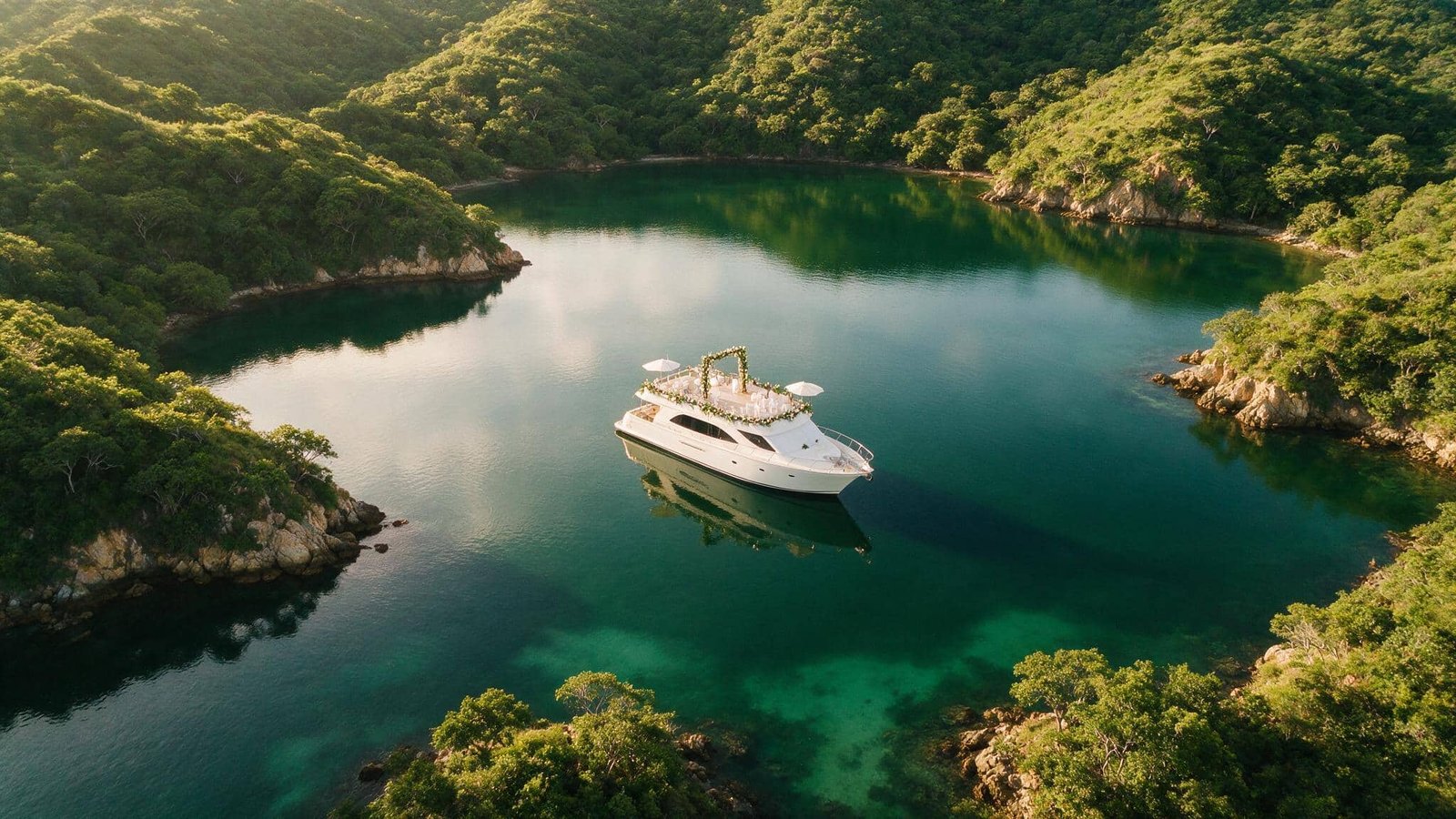 Yacht wedding venues in Mexico: a yacht anchored in a sheltered bay set up for a ceremony