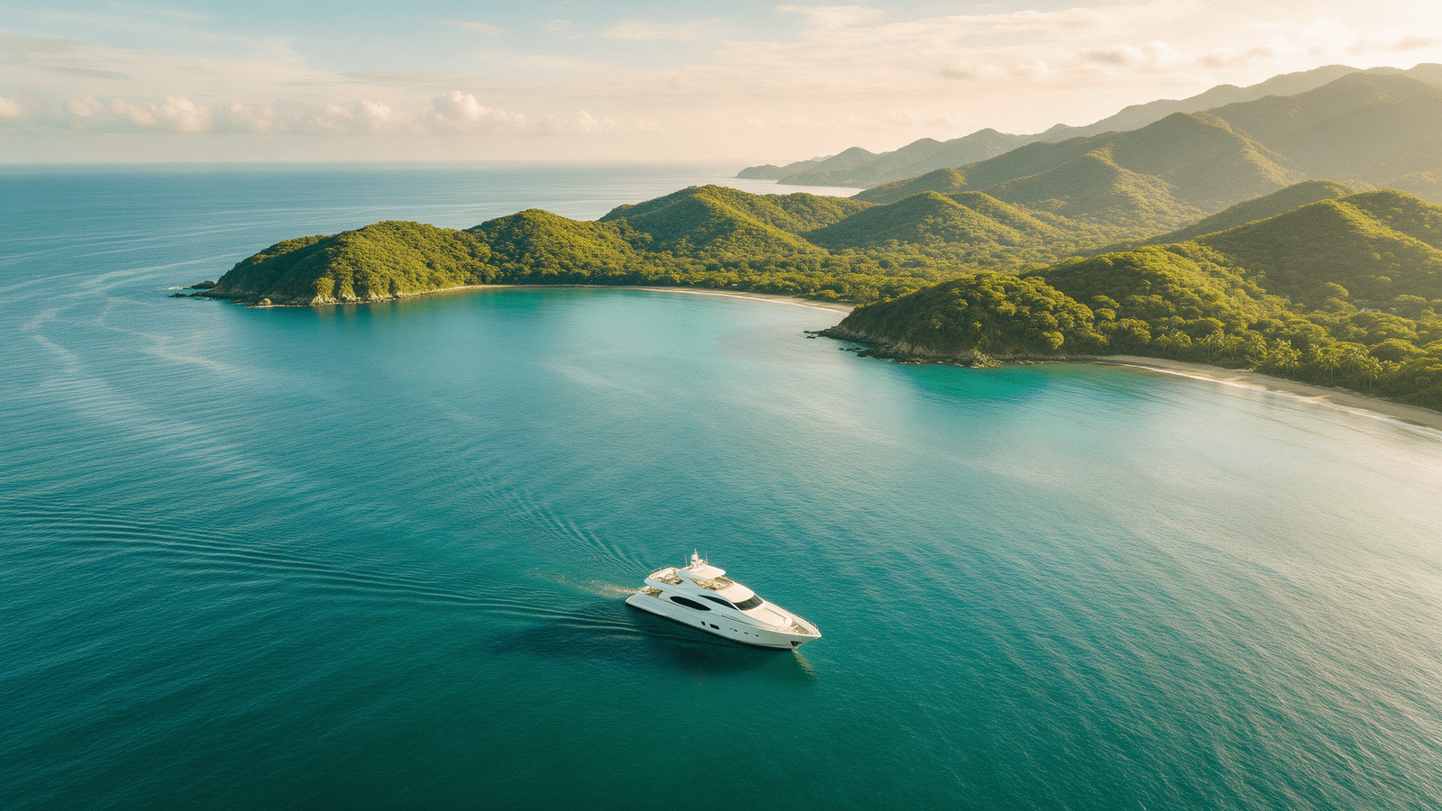 Yate privado navegando por la Bahía de Banderas entre montañas y selva al atardecer