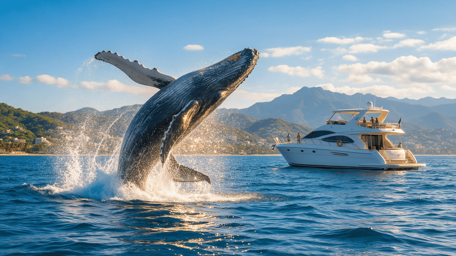 Ballena jorobada saltando junto a un yate privado en la Bahía de Banderas