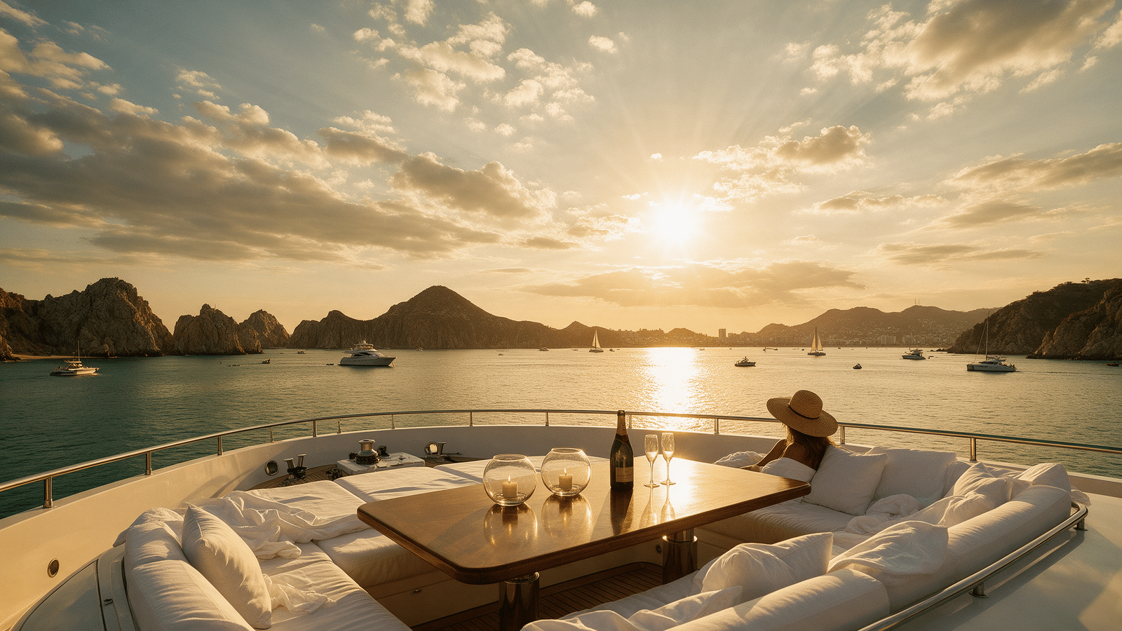 Guía completa de Acapulco: yate privado navegando por la bahía al atardecer, con los acantilados de fondo