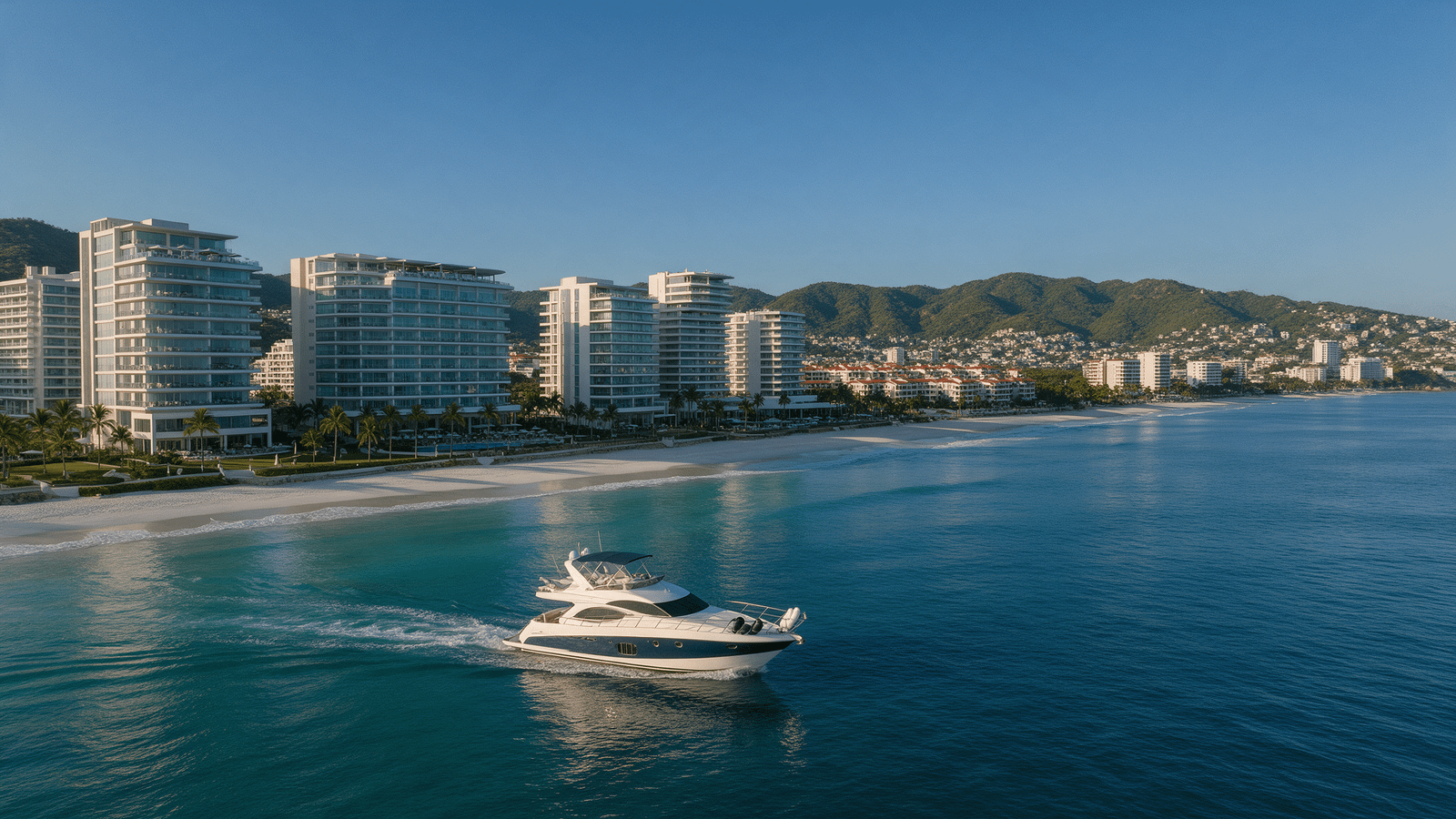 Guía completa de Acapulco: vista panorámica de la Zona Diamante y la bahía desde un yate privado