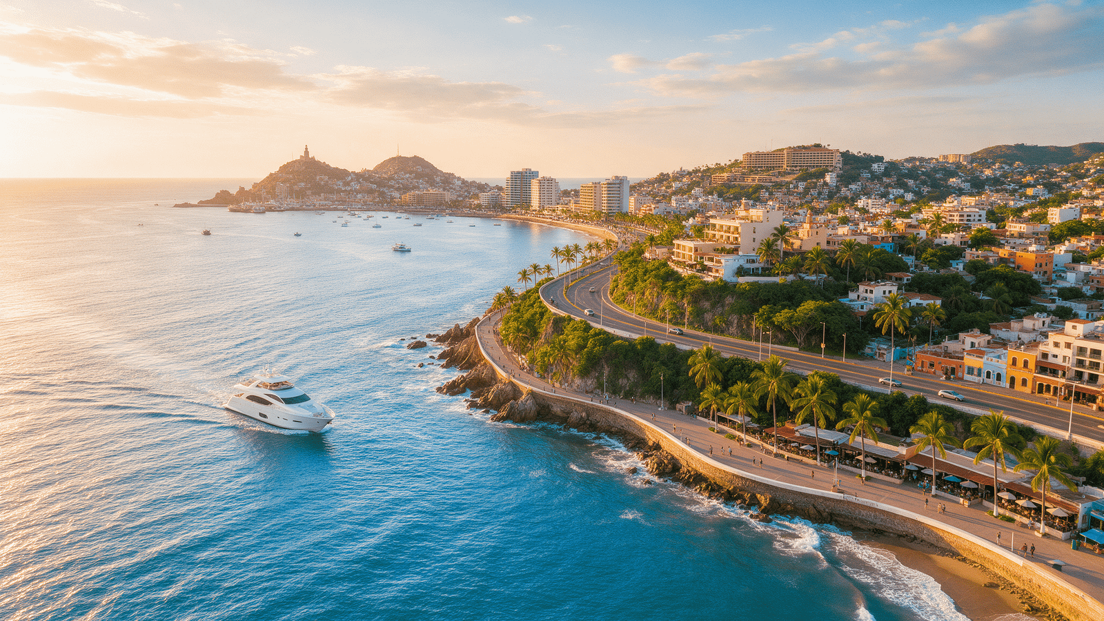 Vista aérea del Malecón de Mazatlán con un yate privado navegando junto a la costa