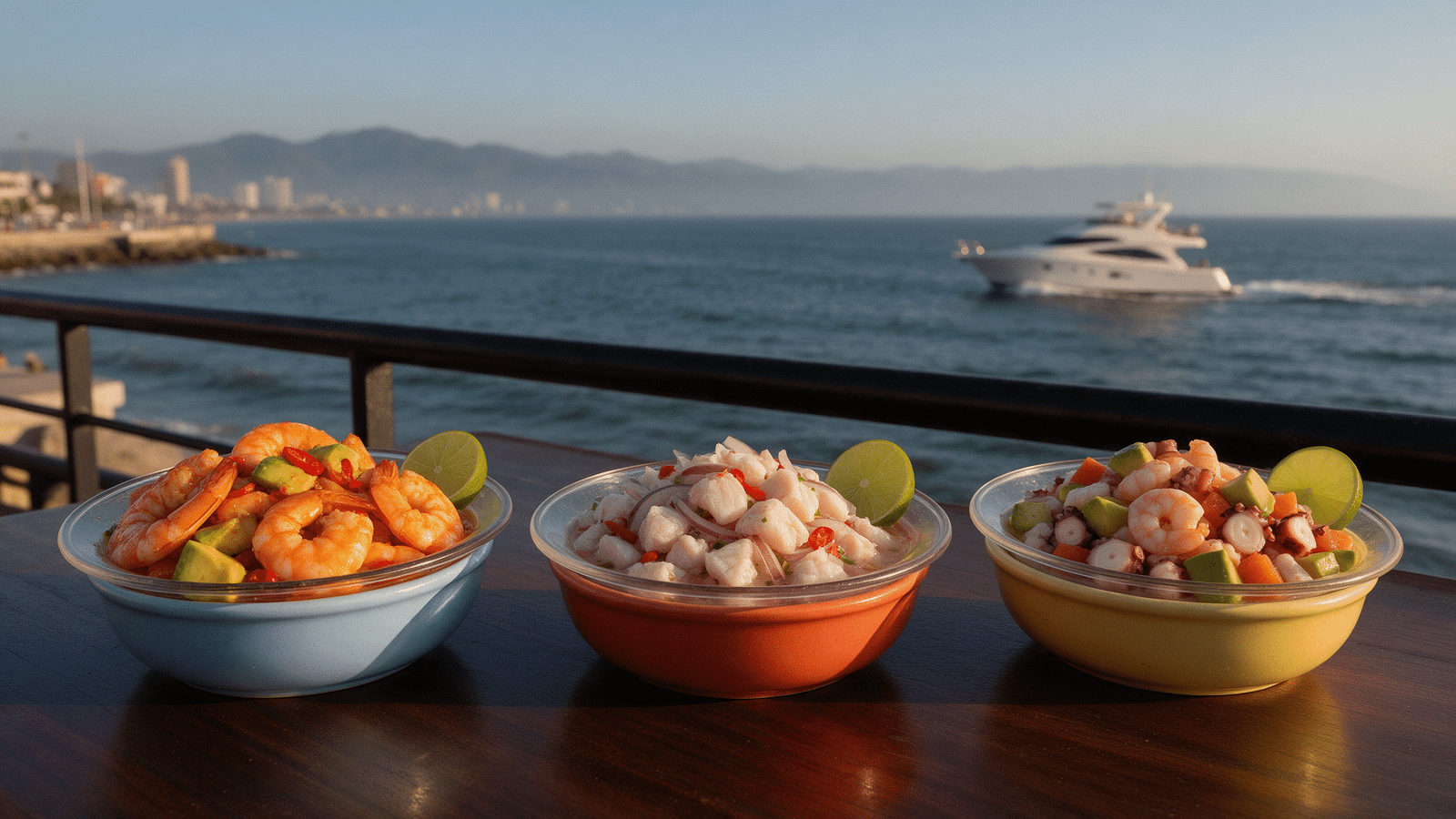 Mesa con mariscos frescos frente al mar en Mazatlán con un yate privado navegando de fondo