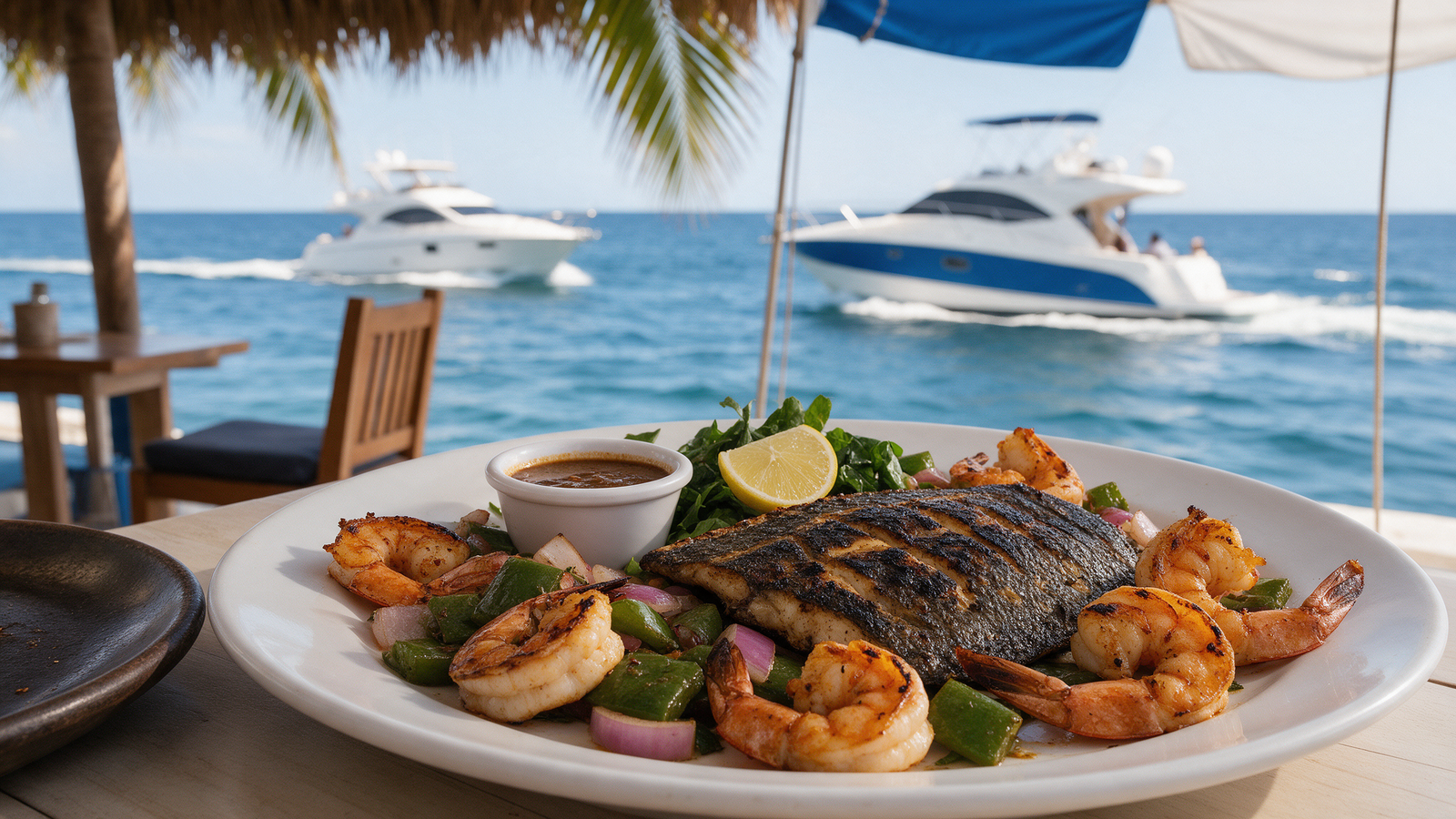Pescado zarandeado y camarones a la parrilla servidos en una palapa frente al mar en Mazatlán