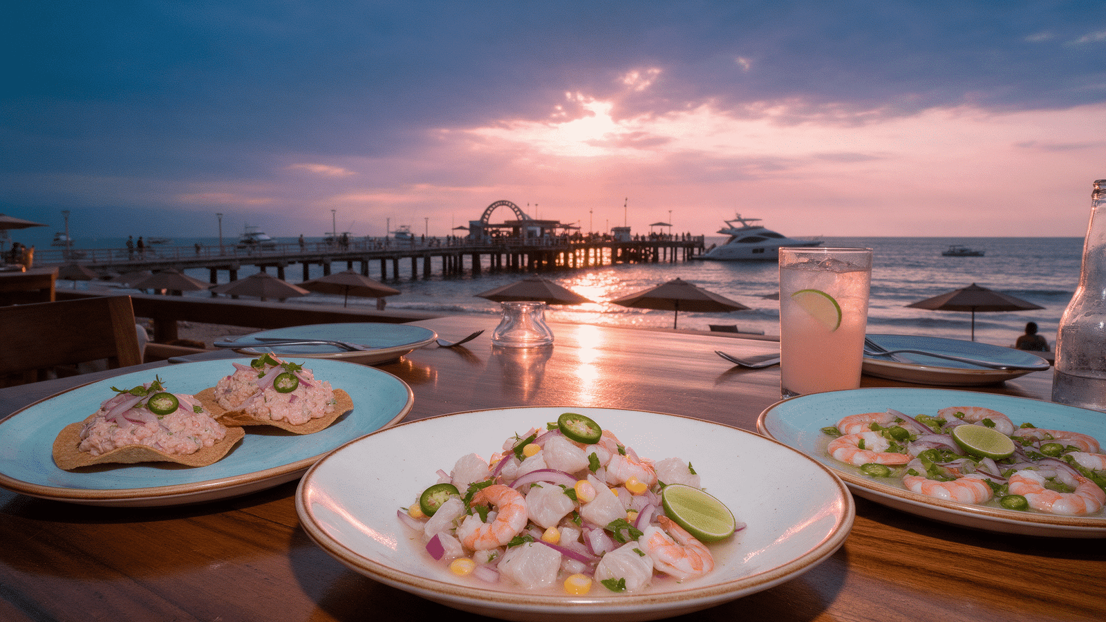 Mesa con mariscos frescos frente a Playa Los Muertos en Puerto Vallarta con un yate privado de fondo
