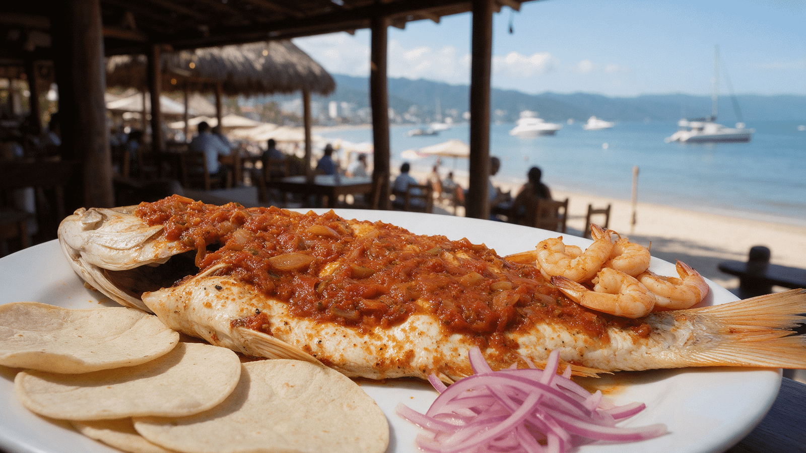 Pescado zarandeado y camarones servidos en un restaurante de playa en la Zona Romántica de Puerto Vallarta