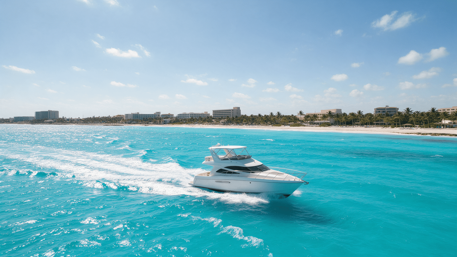Yate privado navegando frente a Playa Marlín en la Zona Hotelera de Cancún