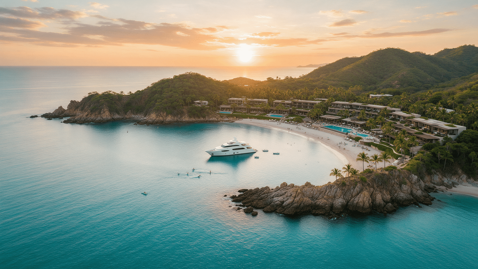 Puerto Marqués Acapulco visto desde un yate privado al atardecer, con aguas tranquilas rodeadas de colinas verdes