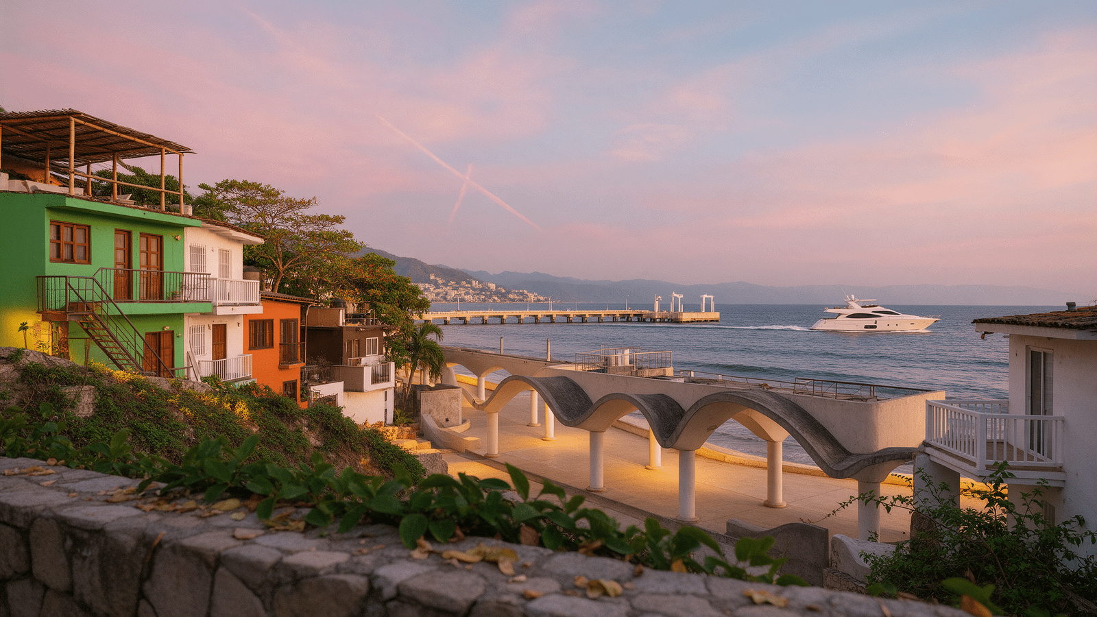 Malecón de la Zona Romántica en Puerto Vallarta con casas coloridas y un yate privado de fondo